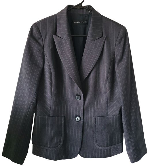 Dana Buchman Women's Size 8 Dark Grey Pinstripe 100% Wool 2-Button Blazer - Picture 1 of 12